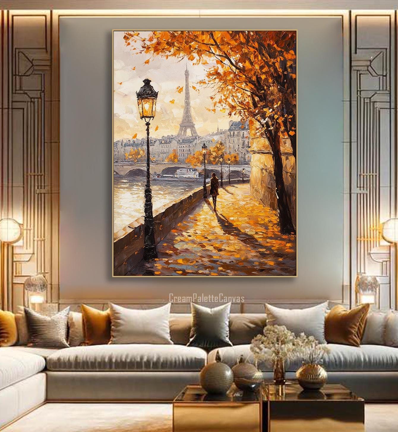 Paris Street Autumn Impasto Oil Painting on Eiffel Tower Fall