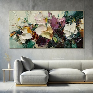May include: Abstract painting of flowers in shades of white, yellow, green, purple, and brown. The painting is done in a thick, textured style, giving it a three-dimensional look.