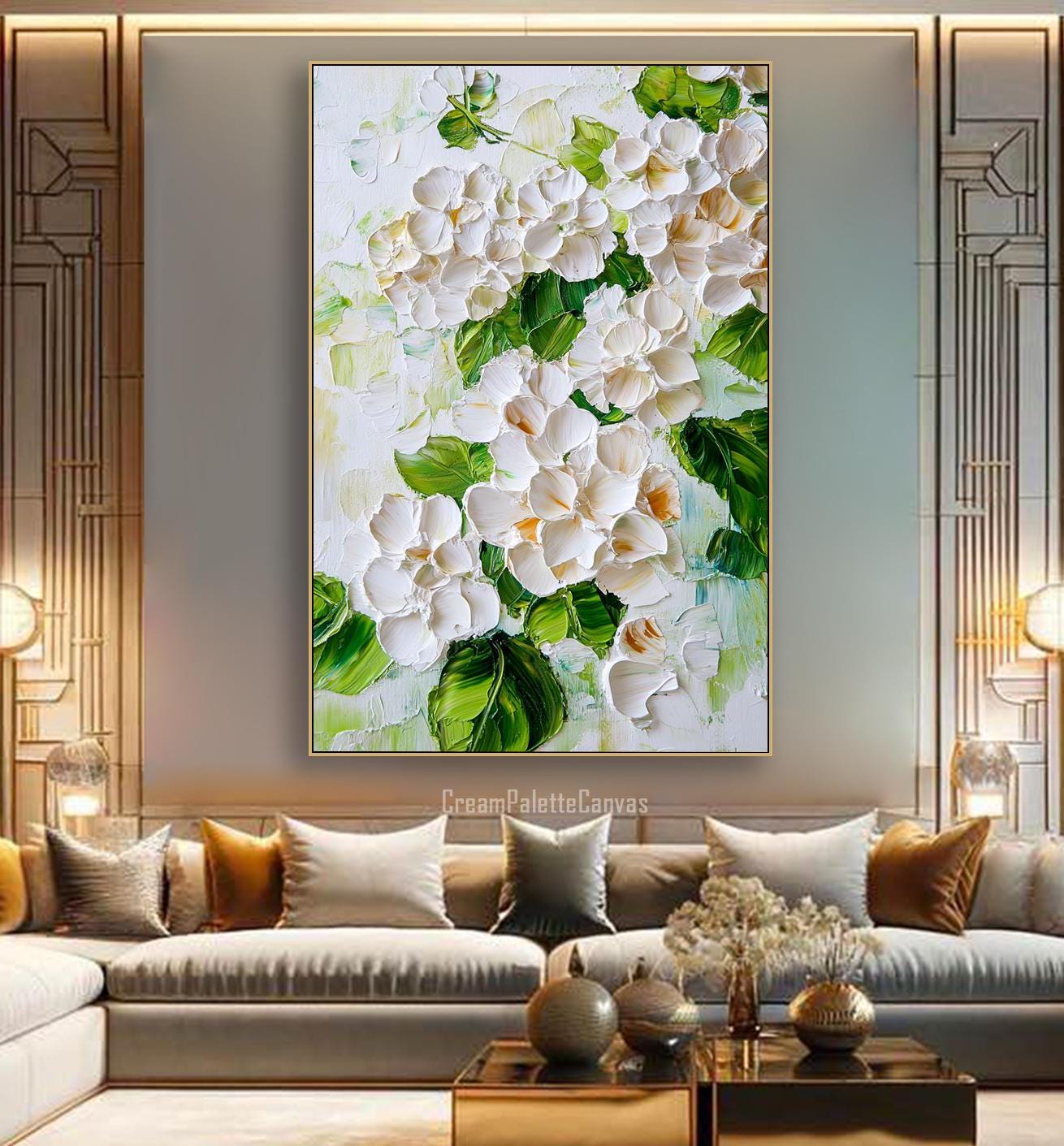 3D White Hydrangea Oil Painting on Canvas Original Floral Impasto Textured Wall Art Botanical Elegant Blooming Flower Painting Bedroom Decor