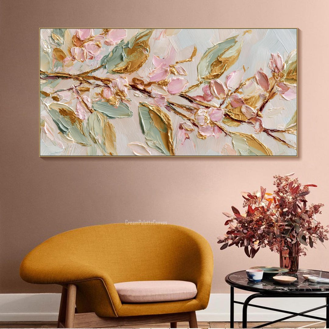 Large Pink Gold Floral Painting on Canvas Texture Leaf Wall Art Modern ...