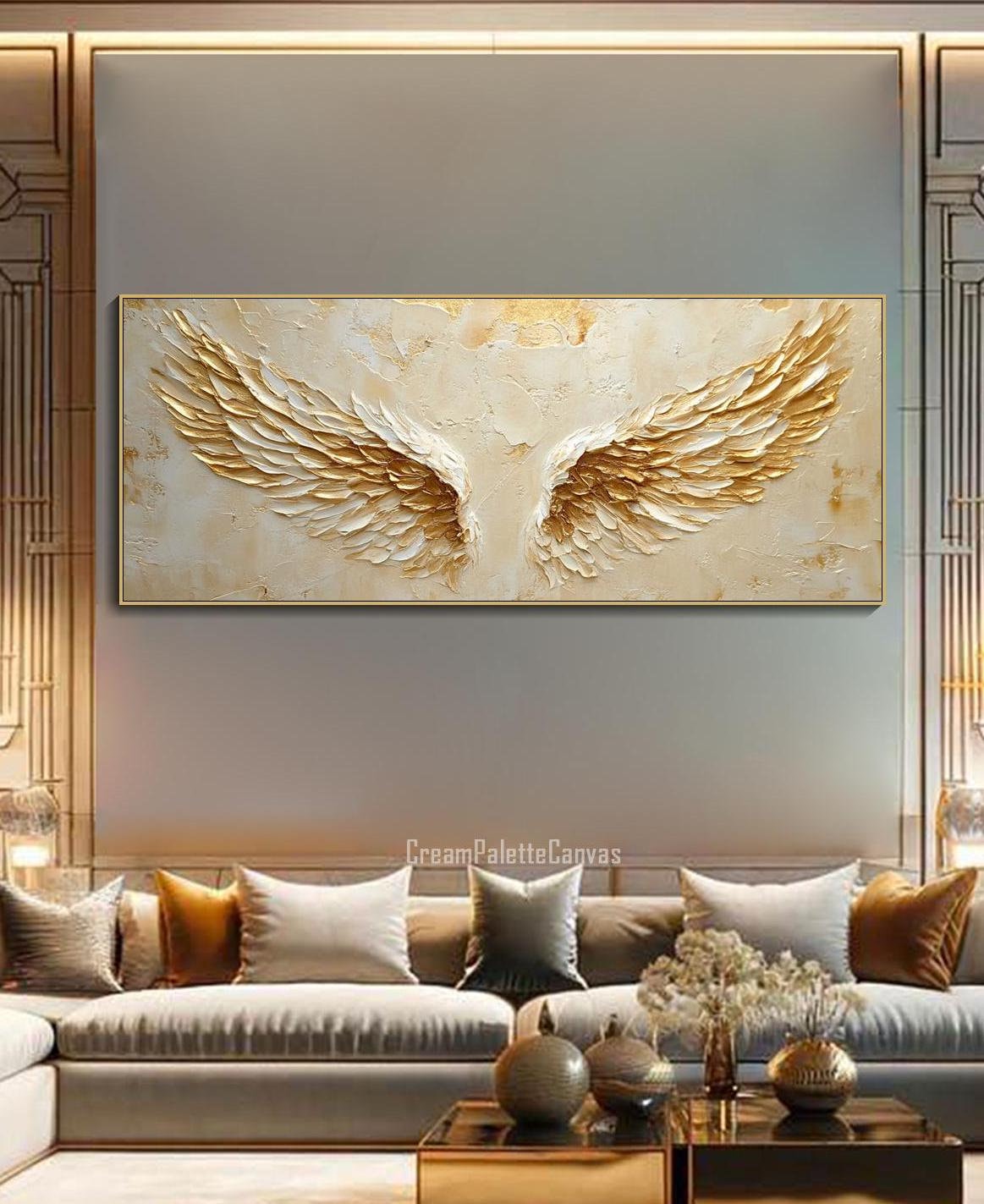 Original Golden Wings Painting On Canvas 3D Abstract Wings Textured Wall Art Master Piece Wall Decor Living Room Wall Art Boho Wall Decor