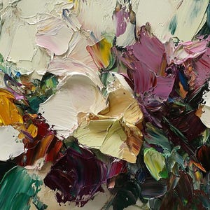 May include: Abstract oil painting with thick brushstrokes in shades of white, yellow, green, purple, and brown. The painting depicts a close-up of flowers.