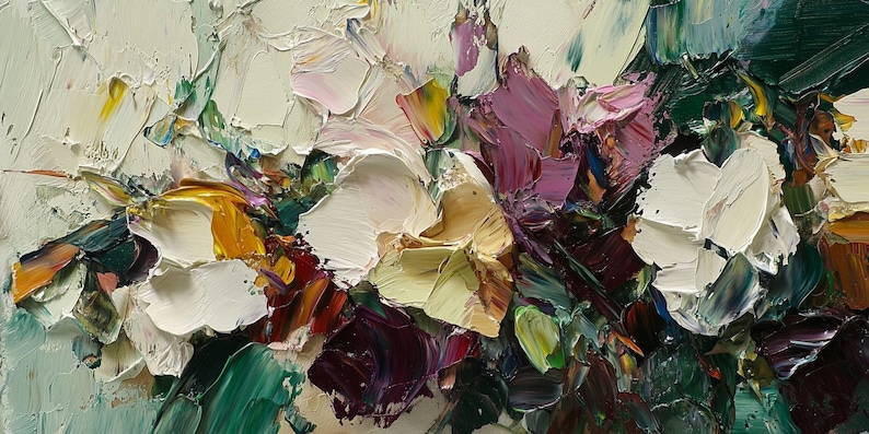May include: Abstract oil painting with thick brushstrokes in shades of white, yellow, green, purple, and brown. The painting depicts a close-up of flowers.