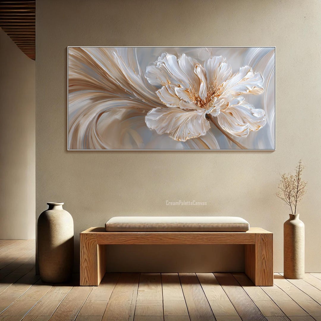 Textured Wall Art 3D Floral Art Painting on Canvas Neutral Gold ...