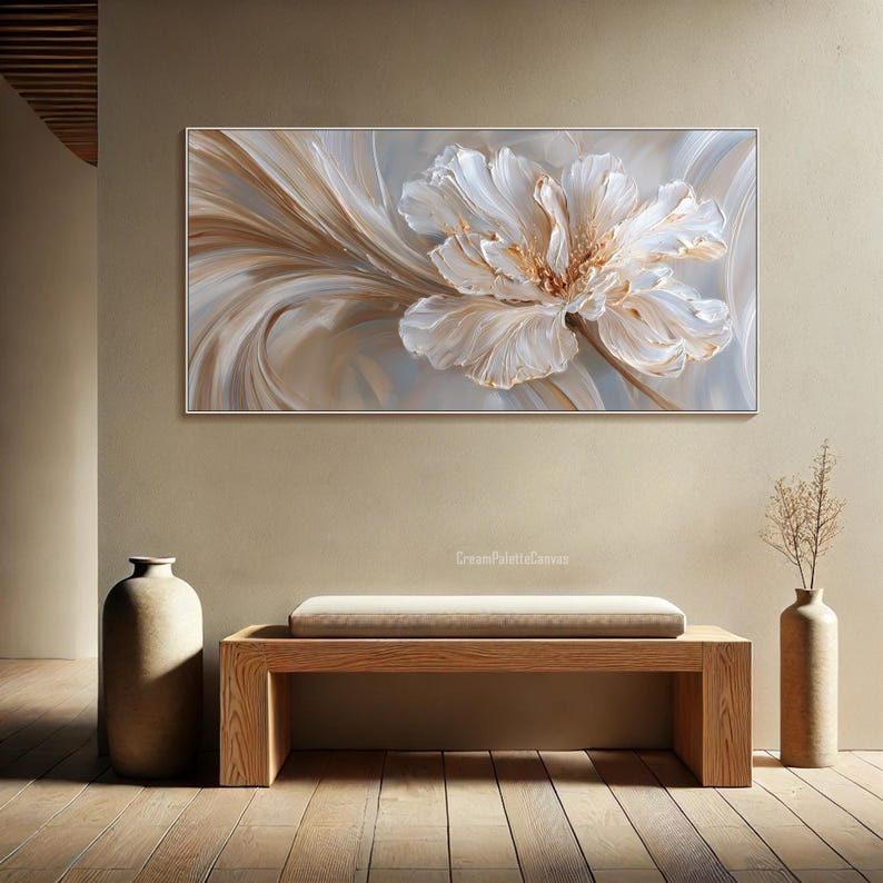 Textured Wall Art 3D Floral Art Painting on Canvas Neutral Gold ...