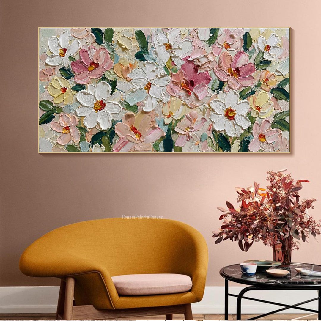 White Pink Floral Oil Art Texture Wall Art Painting on Canvas Impasto ...