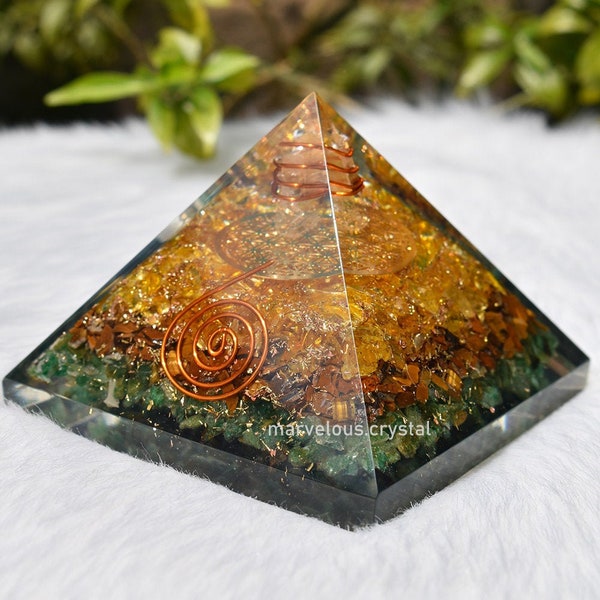 Wealth and Abundance Orgonite Pyramid With Citrine, Tiger Eye, Aventurine Crystal Healing Mediation Orgonite Pyramid Emf Protection | Gifts