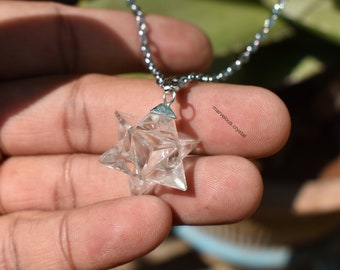 Natürlicher Bergkristall Merkaba Anhänger Halskette, Kristall Stern Anhänger, Heilige Geometrie Halskette mit Kette