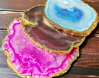 Set of 3 Agate Coasters With Gold Edge Drink Coasters Blue Pink & Natural Agate Slabs, Agate Slice, Coaster Set Homeware Gifts