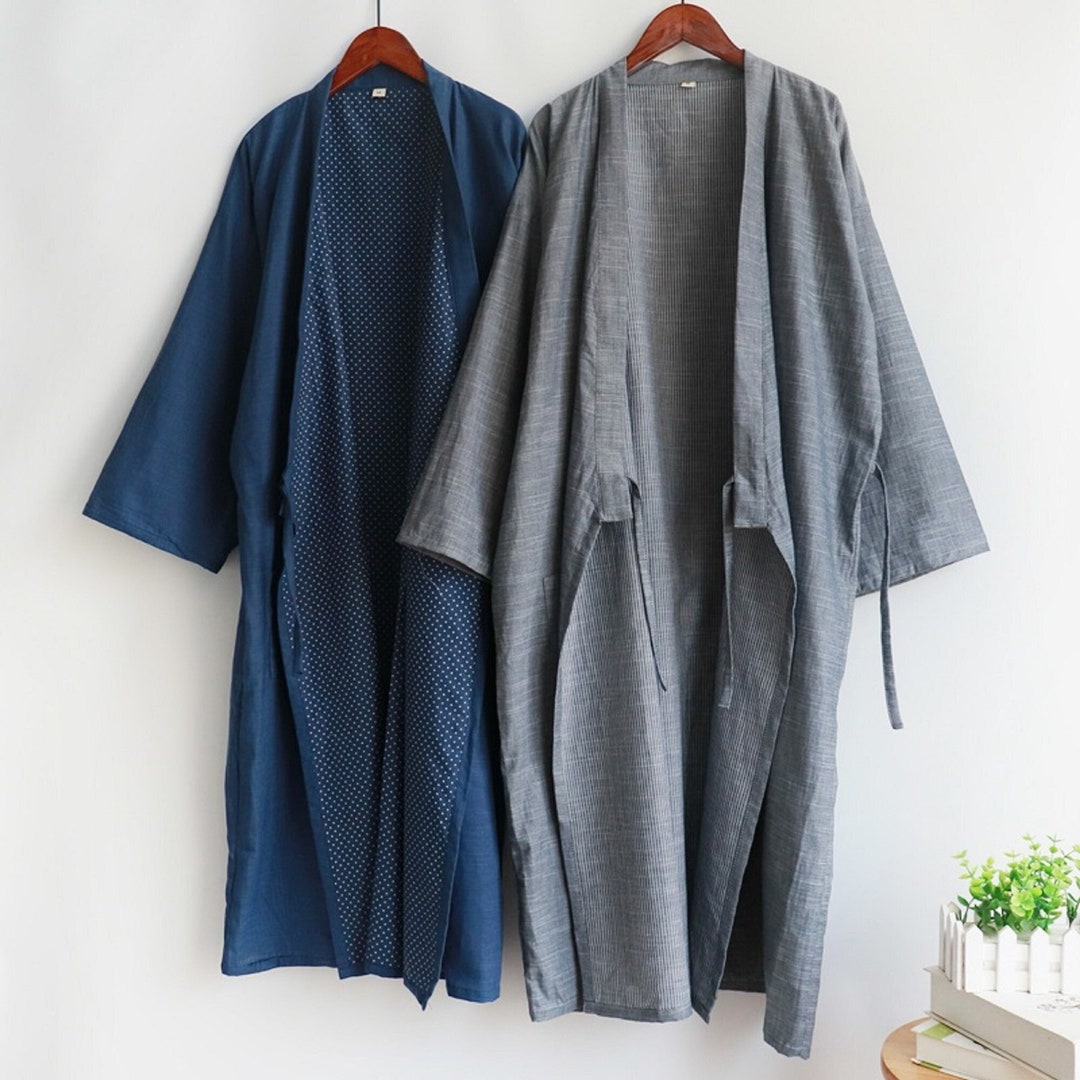 Japanese Long Kimono Robe, Men Cotton Kimono Robe, Minimal Style Robe ...