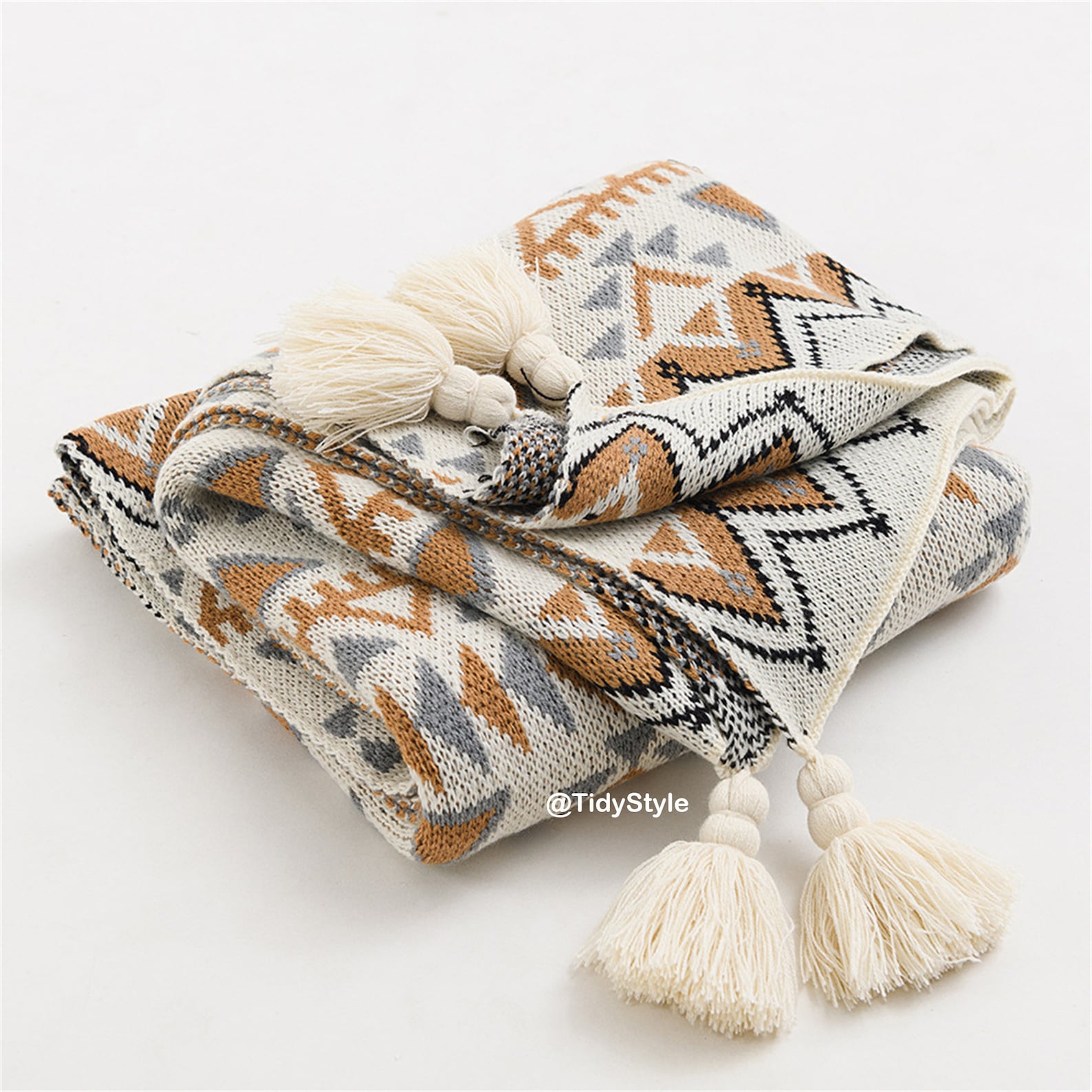 Boho Pattern Throw Blanket Knit Blanket with Tassels Nordic Etsy