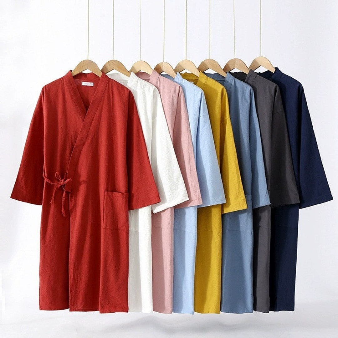 Solid Colour Kimono Robe, Men's Cotton Kimono Robe, Black Bathrobe ...