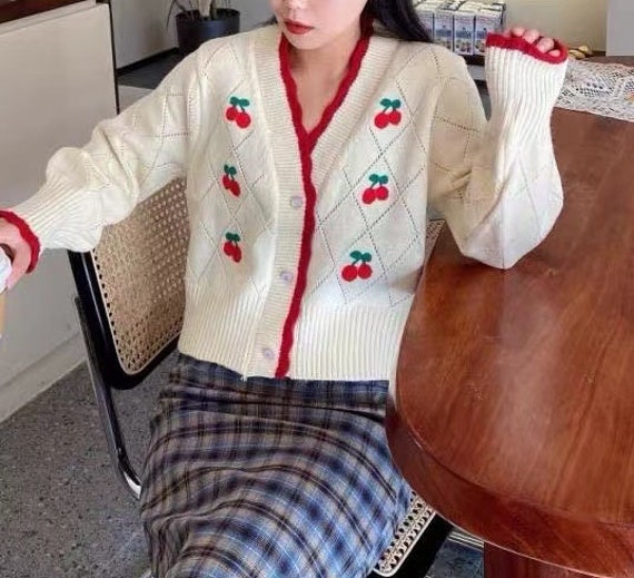TidyStyle Cherry Cardigan, Korean Y2k Knit Sweater, Oversized Crochet Cardigan, Vintage Cardigan Sweater, Women Harajuku Winter Cardigan