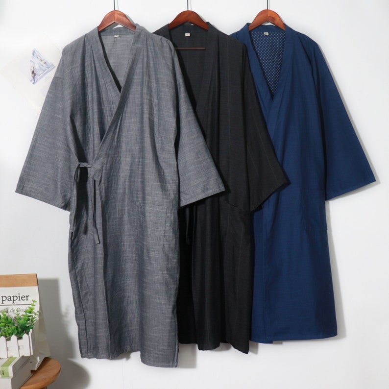 Mens Kimono Robe, Natural Loungewear, Dark Grey Kimono Men, Handmade Cardigan, Cotton Robe