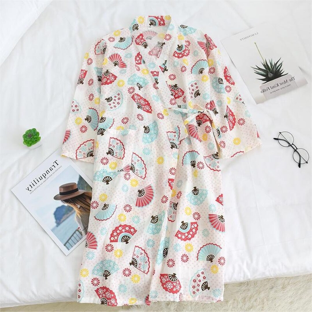 Japanese Fan Kimono Robe, Japanese Yukata,natural Cotton Bathrobe ...