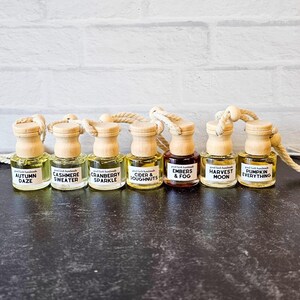 Clear glass car diffuser with wooden lid designed to hang from rearview mirror. Fall scents pictured are Autumn Daze, Cashmere Sweater, Cranberry Sparkle, Cider & Doughnuts, Embers & Fog, Harvest Moon, and Pumpkin Everything.