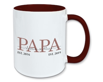 Tasse, Kaffeebecher, Papa personalisiert mit den Namen und Geburtsjahren der Kinder