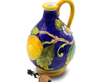 Italian Ceramic Olive Oil Dispenser Bottle XL Size - Hand Painted Oil Cruet Lemon  Design - Made in ITALY Tuscany - Italian Pottery