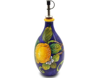 Distributeur d&#39;huile d&#39;olive en céramique italienne, taille L - Huilier à huile peint à la main, motif citron - Fabriqué en ITALIE Toscane - Poterie italienne