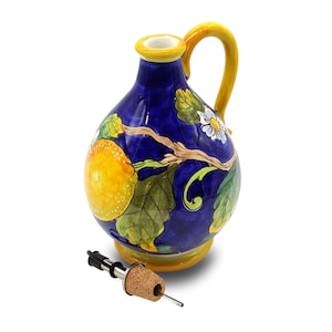 Italian Ceramic Olive Oil Dispenser Bottle XL Size - Hand Painted Oil Cruet Lemon  Design - Made in ITALY Tuscany - Italian Pottery