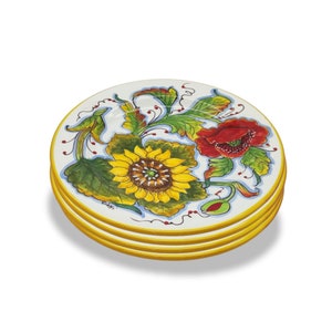 Cerâmica italiana - Conjunto de 4 pratos de salada 8 1/2 polegadas Poppie e girassol - Prato pintado à mão - Feito na ITÁLIA Toscana - Jantar de cerâmica italiana