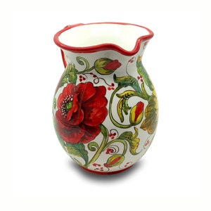 Italian Ceramic Pitcher Poppies - Hand Painted Utensil Holder  Carafe - Made in Tuscany - Pottery Vase Jar for Wine - Ceramics Dispenser