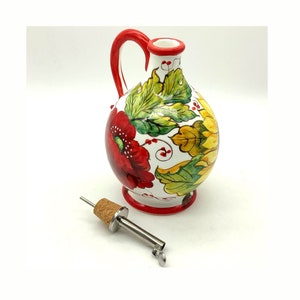 Flacon distributeur d&#39;huile d&#39;olive en céramique italienne taille XL - Huilier à huile peint à la main, design tournesol - Fabriqué en Italie Toscane - Poterie italienne