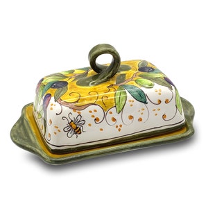 Italian Ceramic Butter dish with lid Olive design - Hand Painted Butter Keeper - Made in ITALY - Italian Pottery Butter holder - with covers