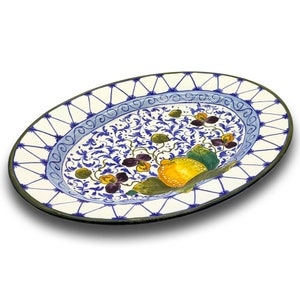 Large Oval Ceramic Tray - Italian dinnerware meat serving - White Blue Lemon serving tray - Hand painted Tuscan pottery bowl - Made in Italy