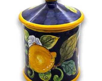 Hand-Painted Ceramic Jar – Sunflower and Lemons, Italian Pottery