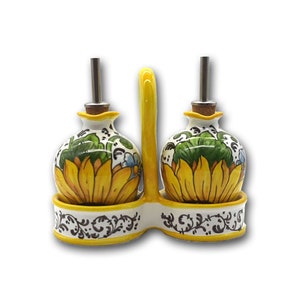 Flacons distributeurs de vinaigre d&#39;huile d&#39;olive en céramique italienne - Design tournesol peint à la main - Fabriqué en Italie Toscane - Poterie italienne