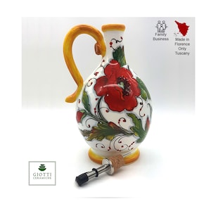Flacon distributeur d&#39;huile d&#39;olive en céramique italienne taille XL - Huilier à huile peint à la main, design tournesol - Fabriqué en Italie Toscane - Poterie italienne
