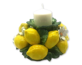 Tuscan Candel Holder with ceramics Lemons decoration handmade, hand-painted kitchen art