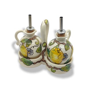 Italian Ceramic Olive Oil Vinigar Dispenser Bottles  - Hand Painted Oil Cruest Lemon  Design - Made in ITALY Tuscany - Italian Pottery