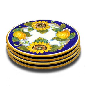 Italian Ceramic - Set of 4 dinnerware plate Lemon Sunflowers -  Hand Painted dish - Made in ITALY Tuscany - Italian Pottery dinner plates -