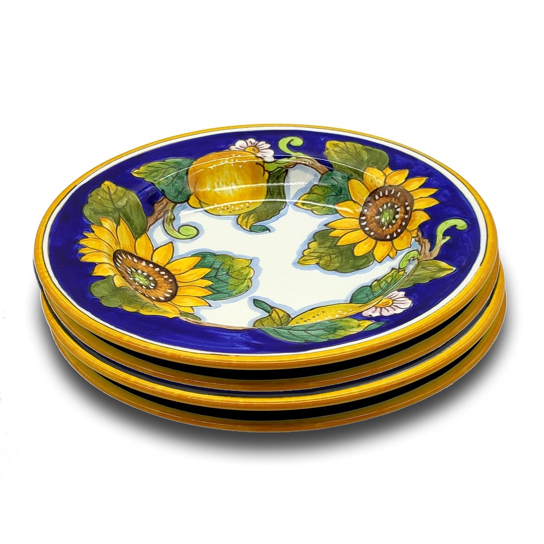 Italian Ceramic pasta Bowls Sets for 4 Lemon Sunflowers Hand Painted Dish Made in ITALY Tuscany