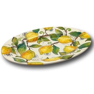 Large Oval Ceramic Tray - Italian dinnerware meat serving - White / Lemon serving tray - Hand painted Tuscan pottery bowl - Made in Italy