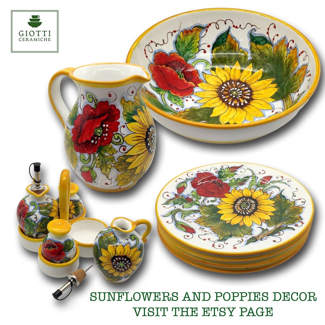 Hand Painted Italian Ceramic Pitcher – Poppies & Sunflower Tuscan Decor ...
