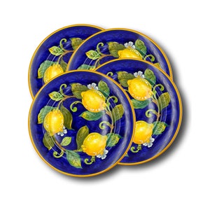 Italian Ceramic - Set of 4 dinnerware plate Blue Lemon -  Hand Painted dish - Made in ITALY Tuscany - Italian Pottery dinner plates -