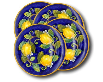 Céramique italienne - Ensemble de 4 assiettes de vaisselle Blue Lemon - Plat peint à la main - Fabriqué en ITALIE Toscane - Assiettes plates en poterie italienne -