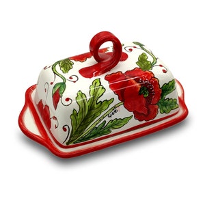 Italian Ceramic Butter dish with lid Poppies - Hand Painted Butter Keeper - Made in ITALY - Italian Pottery Butter holder - with covers