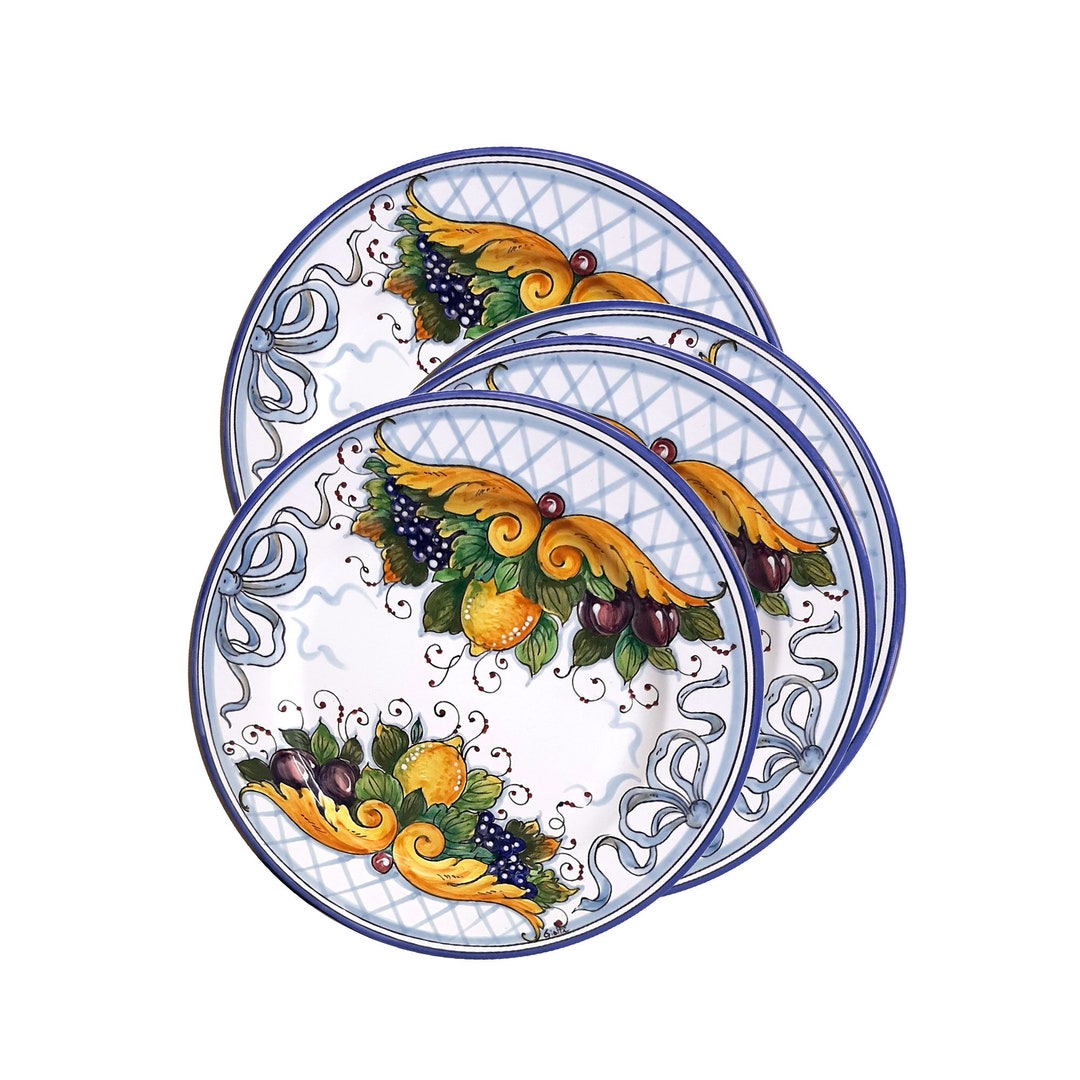 Italian Ceramic Set of 4 Dinnerware Plate Blue Lemon Hand Painted Dish