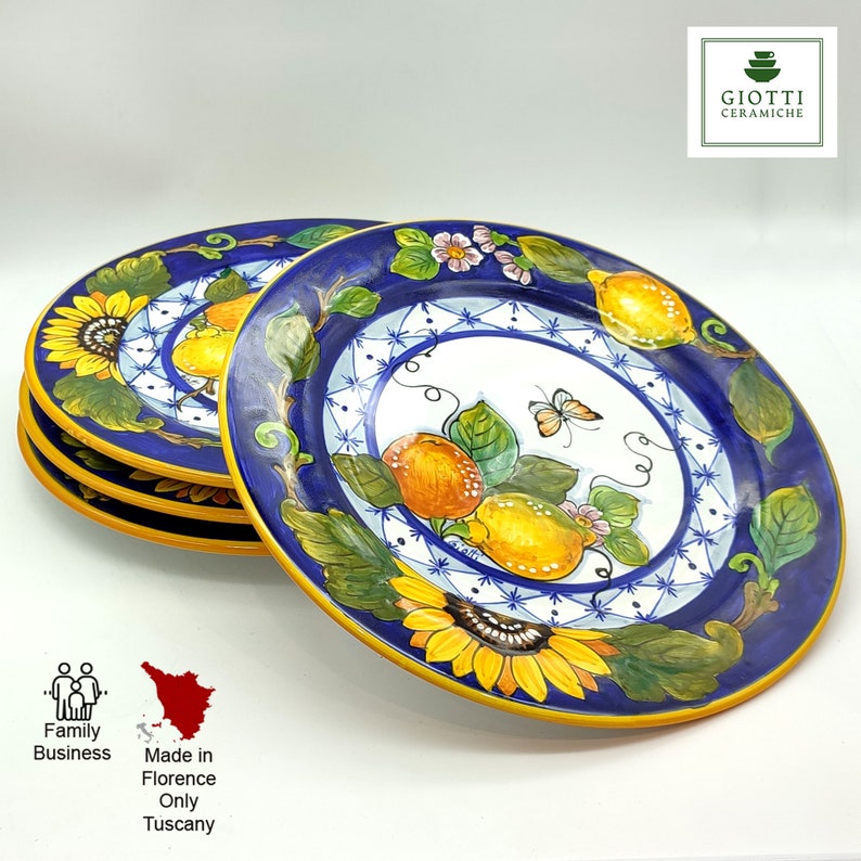 Italian Ceramic Set of 4 dinnerware plate Sunflowers Hand Painted dish