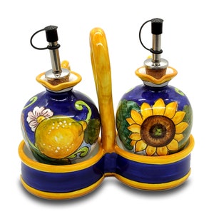 Italian Ceramic Olive Oil Vinigar Dispenser Bottles  - Hand Painted Oil Cruest Lemon  Design - Made in ITALY Tuscany - Italian Pottery