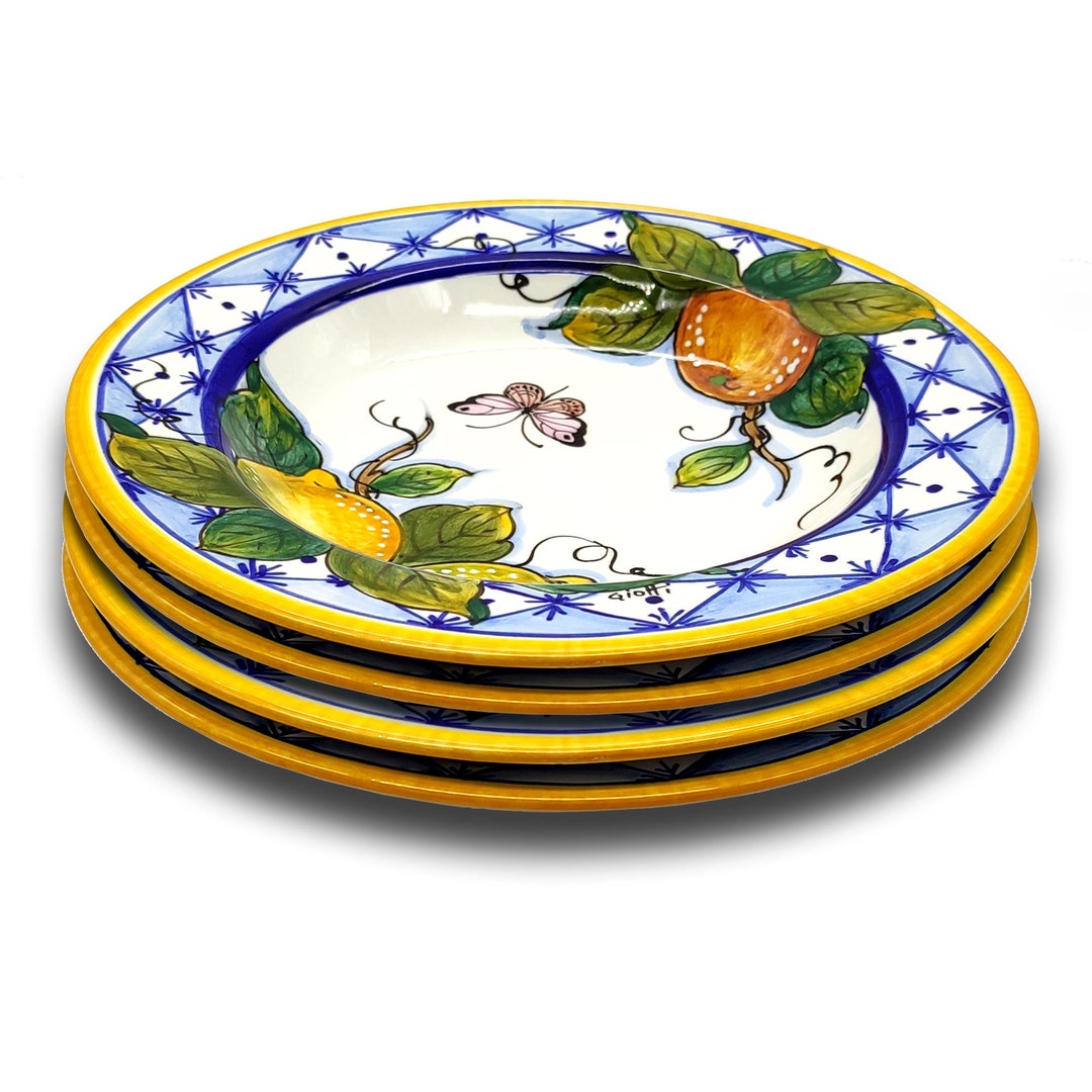 Italian Ceramic pasta Bowls Sets for 4 Lemon / Orange Hand Painted Dish