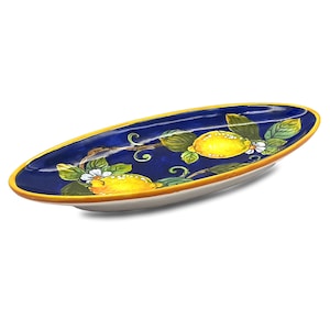Small Oval Ceramic Tray - Italian dinnerware meat serving - Lemon Blue Back serving tray - Hand painted Tuscany pottery bowl - Made in Italy