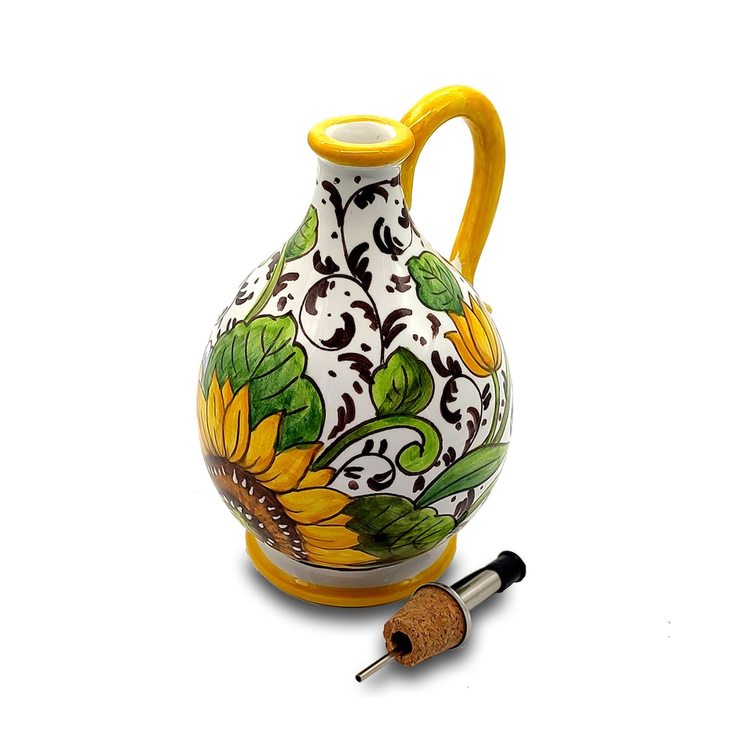 Italian Ceramic Olive Oil Dispenser Bottle XL Size Hand Painted Oil Cruet Sunflower Design Made