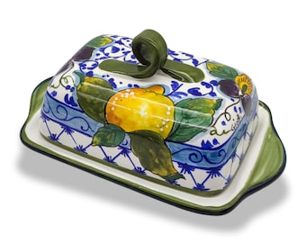 Italian Ceramic Butter dish with lid Lemon  - Hand Painted Butter Keeper - Made in ITALY - Italian Pottery Butter holder - with covers