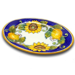 Large Oval Ceramic Tray - Italian dinnerware meat serving - White Blue Lemon serving tray - Hand painted Tuscan pottery bowl - Made in Italy