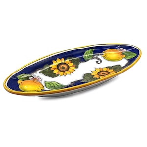 Small Oval Ceramic Tray - Italian dinnerware serving - Lemon Sunflower Blue serving tray - Hand painted Tuscany pottery bowl - Made in Italy